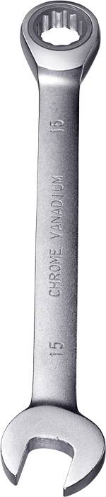 A silver ring spanner, standing upright, with a ring and an open-end side, suitable for nuts of size 15 mm.