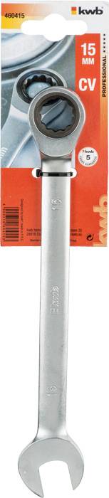 'Combination Spanner' by kwb, 15 mm, packaged. Packaging displays tool symbol and size.