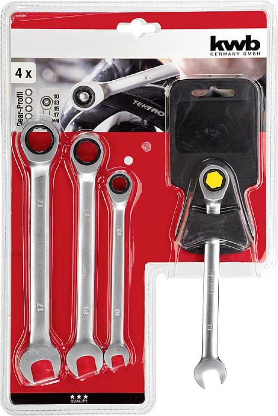 Four-piece set of ring spanners with ratchet ring in various sizes, packed in a red KWB cardboard box.