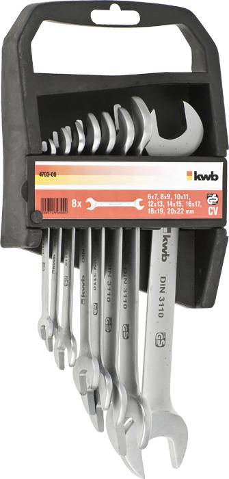 A set of eight spanners in various sizes in a black holder.