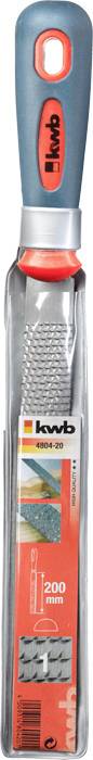 A flat file by 'kwb' with an ergonomic handle and a length of 200 mm, packaged in a clear plastic sleeve.