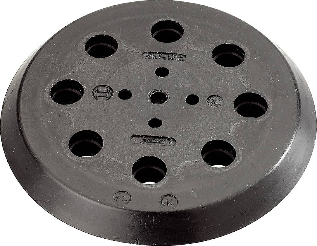 Black sanding disc with multiple holes, used for grinding machines to attach sandpaper.