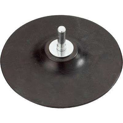 Round black plastic grinding holder with a metal pin in the centre. Used for attaching grinding discs to machines.