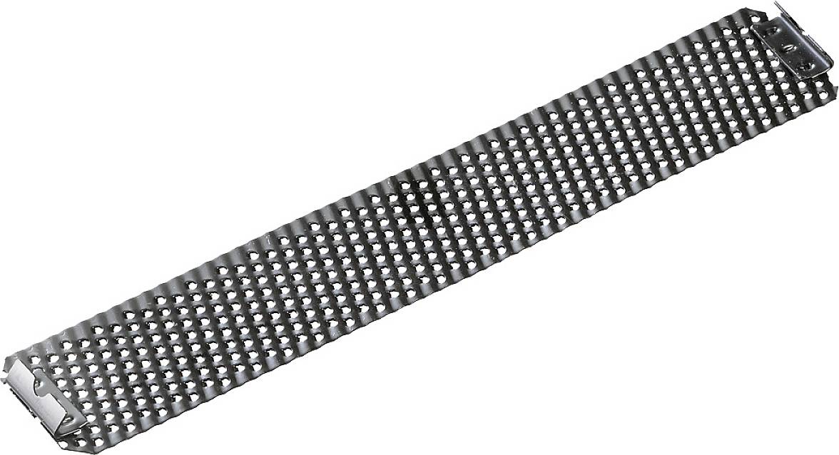 Long, perforated thin metal sheet, possibly used as a platform or slide.