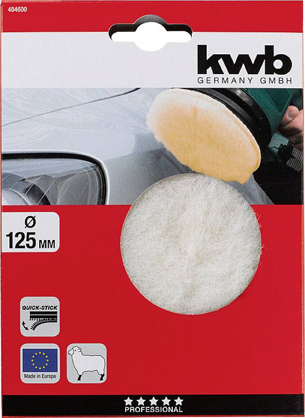 KWB's sanding and polishing pad packaging for cars. Displays a polishing process on a vehicle and brand information.
