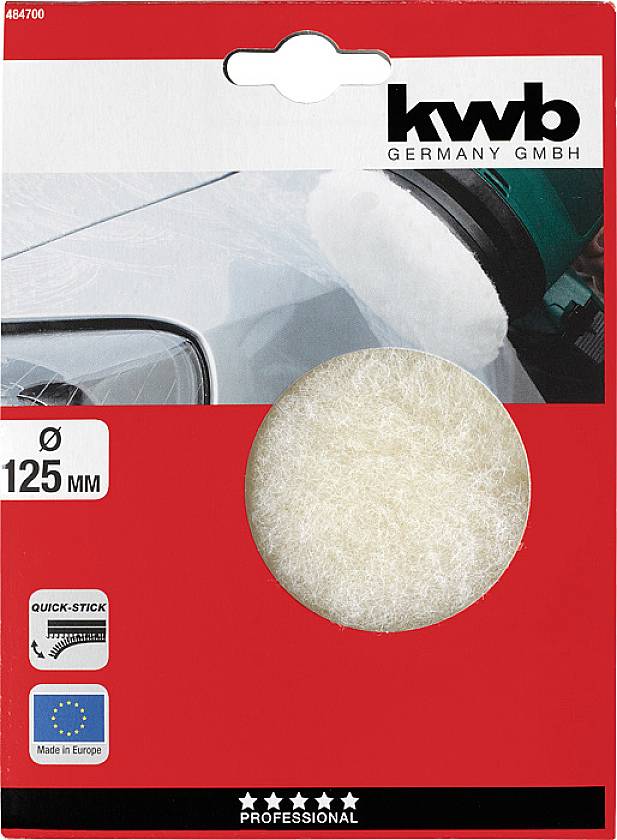 'kwb Germany GmbH' Sanding Pad Packaging, 125 mm Diameter, demonstrates application on car paintwork. European manufacture, professional quality.