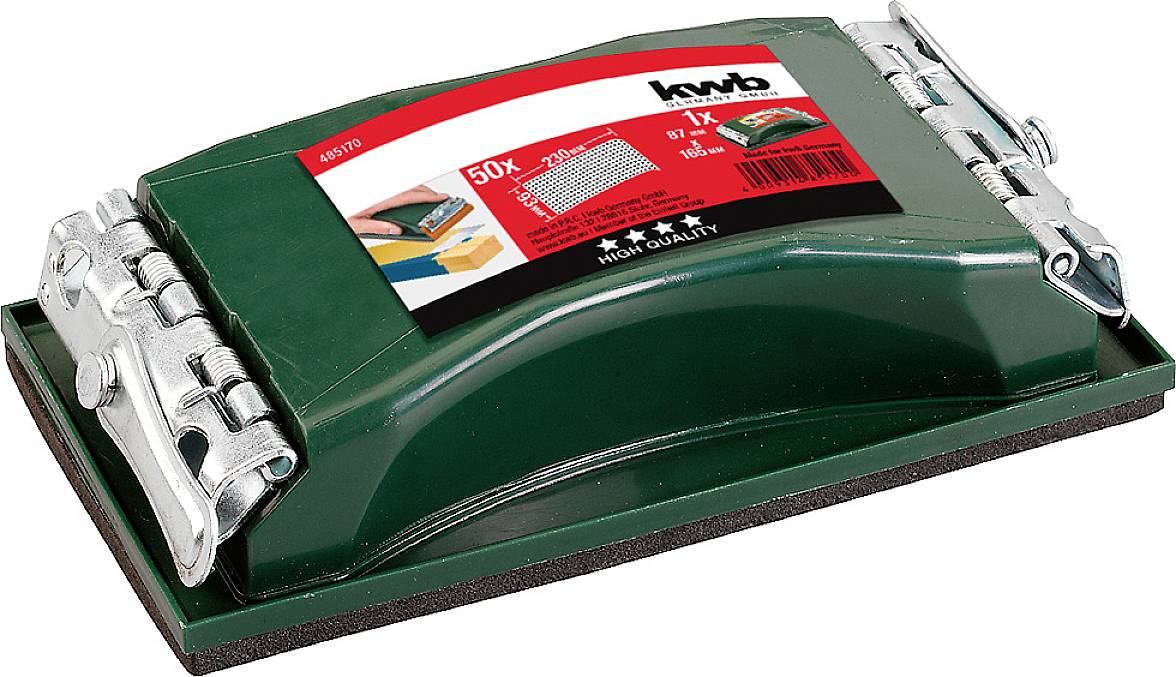 A green hand sanding block with two silver clips on either side. A red label displays the logo and product details.