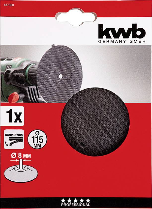 Packaging for an abrasive disc. Marking '115 mm', suitable for 'Quick-Stick' machines. Contains 1 grinding disc Ø 115 mm.