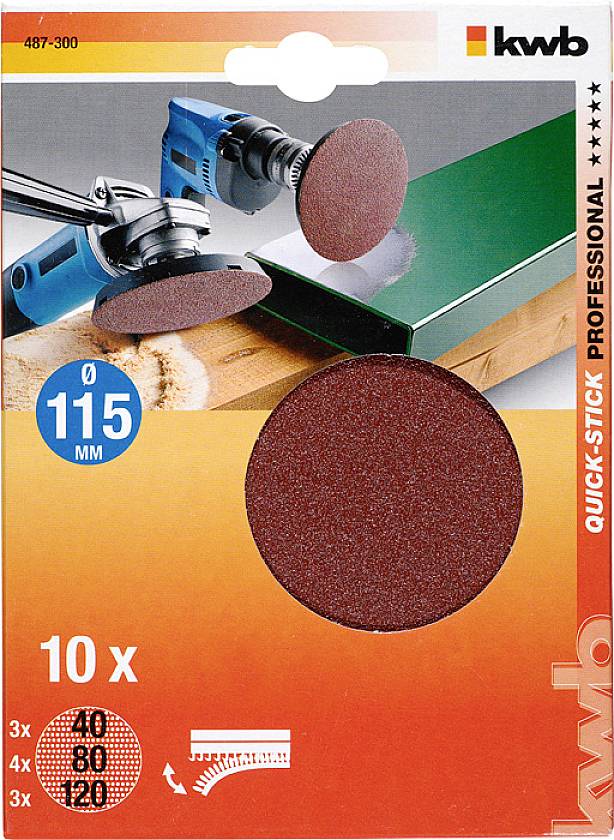 Packaging of adhesive sanding discs, 115 mm, for angle grinders. Contains 3 discs each in grits 40, 80, 120.