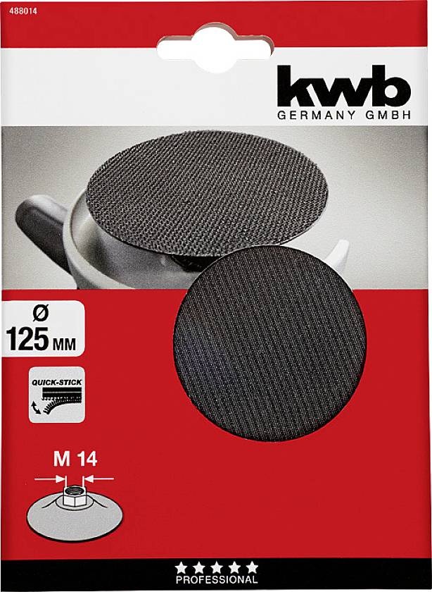 Grinding pad for angle grinder, diameter 125 mm. Marked with 'kwb'. Features: Quick-Stick, M14. Packaging shows product in use.