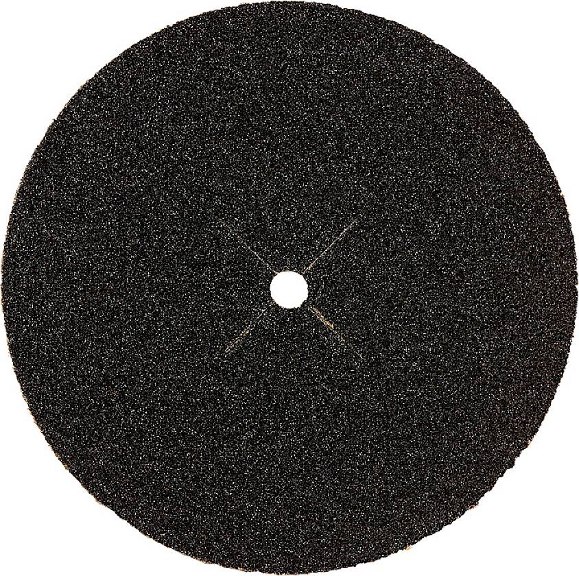 Black grinding disc with a central hole, used for grinding work on various materials.