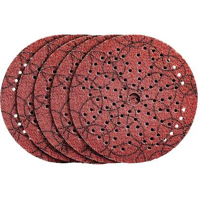 Four round, red grinding discs, evenly distributed. Each disc has multiple holes for dust extraction.