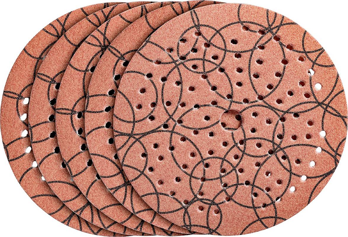 Five round, red grinding discs with black circular patterns and holes, stacked one behind another.