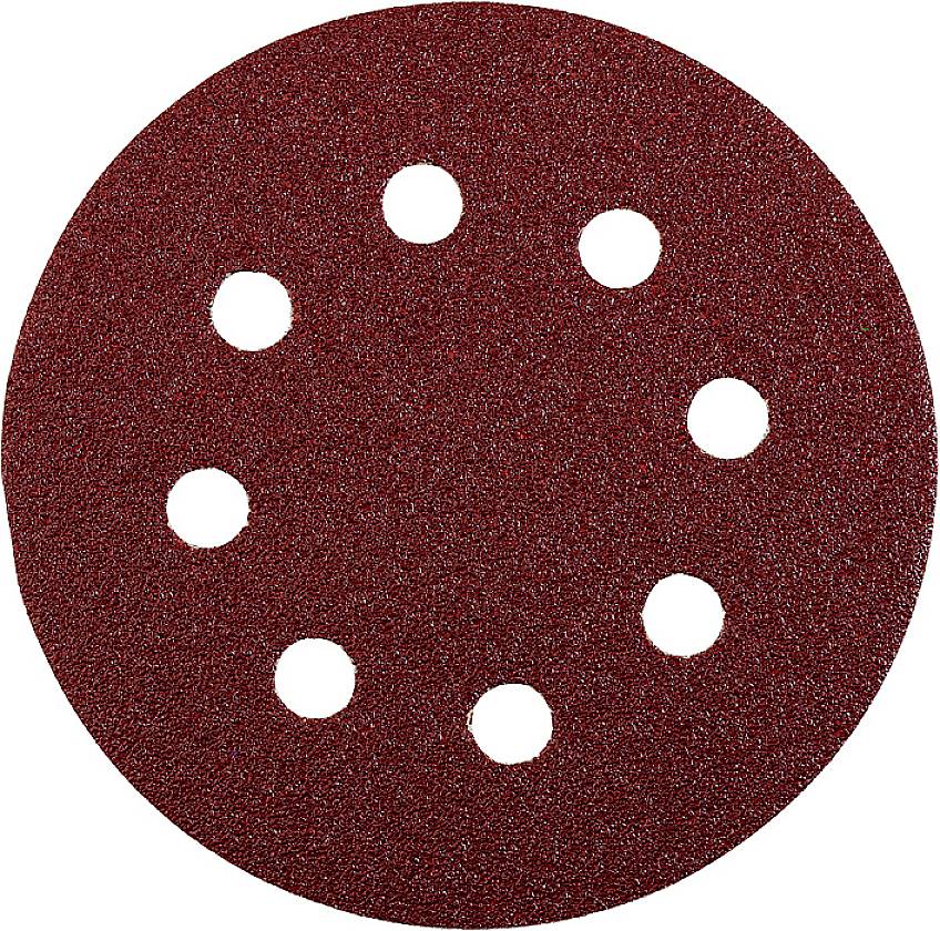 A round, red sandpaper disc with eight evenly distributed holes.