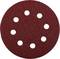 A round, red sandpaper disc with eight evenly distributed holes.
