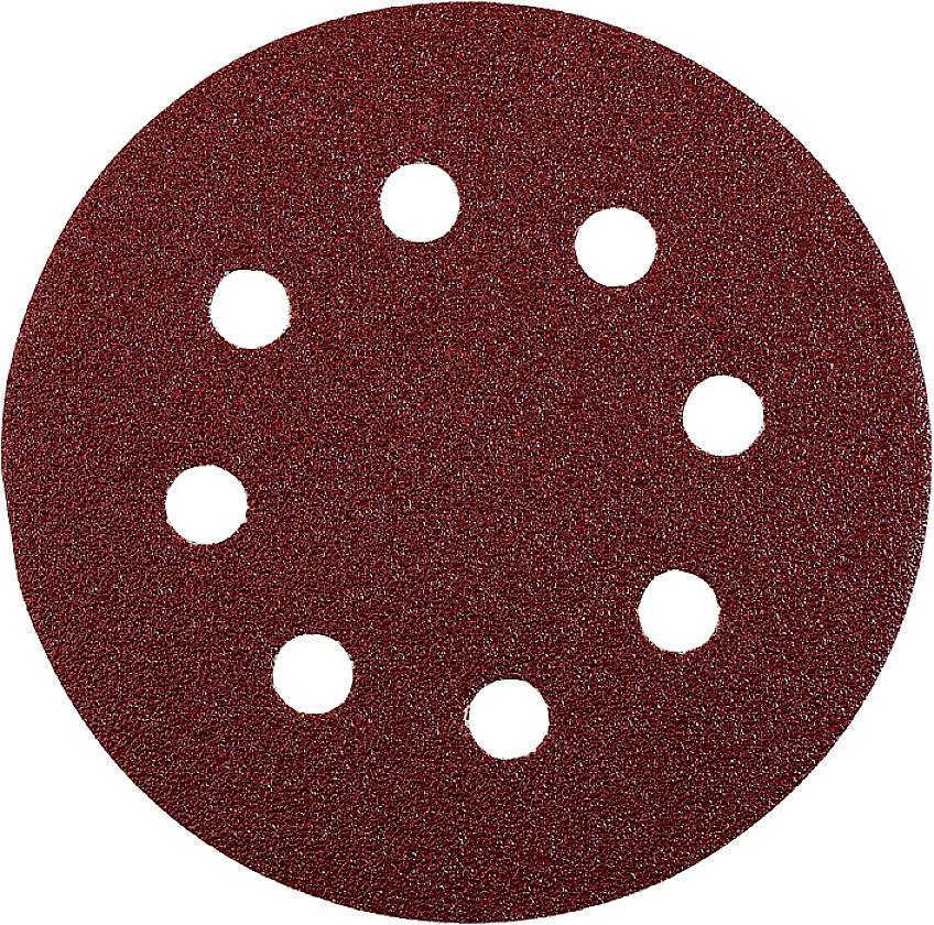 Sanding disc with eight holes, dark red and round, used for smoothing surfaces in craft or DIY work.