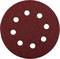 Sanding disc with eight holes, dark red and round, used for smoothing surfaces in craft or DIY work.