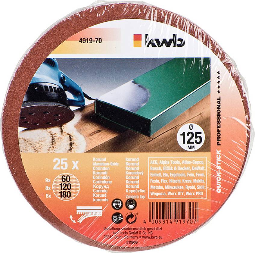 Round Sanding Disc, 125 mm, Pack of 25, Grit: 60, 120, 180, suitable for wood. Brands: Quick-Stick, AEG, Bosch, Worx.
