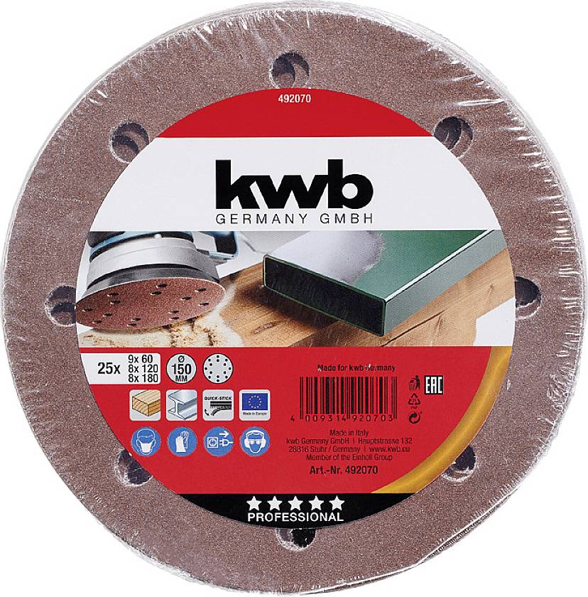 Circular sanding disc packaging from 'kwb Germany GmbH', showing sanding paper and wood in close-up. Contains details of grit and quantity.