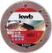 Circular sanding disc packaging from 'kwb Germany GmbH', showing sanding paper and wood in close-up. Contains details of grit and quantity.