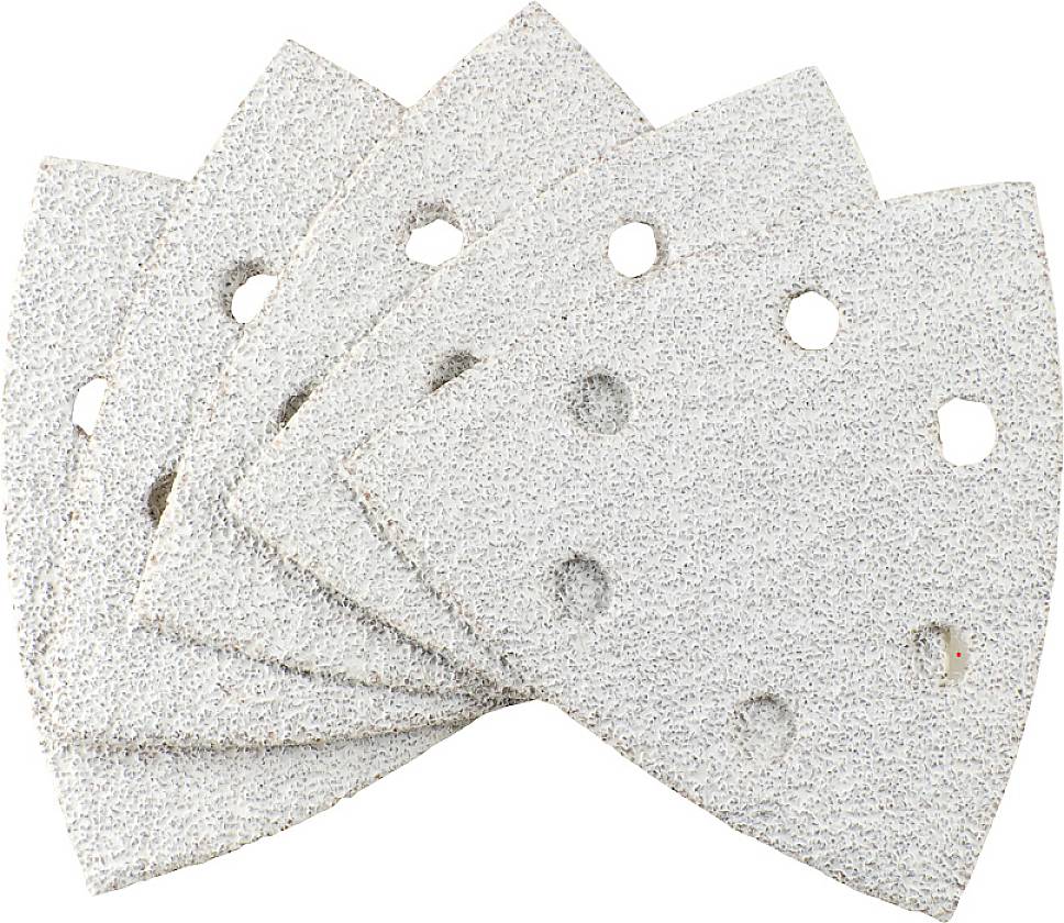 Five triangular sandpaper sheets with holes.