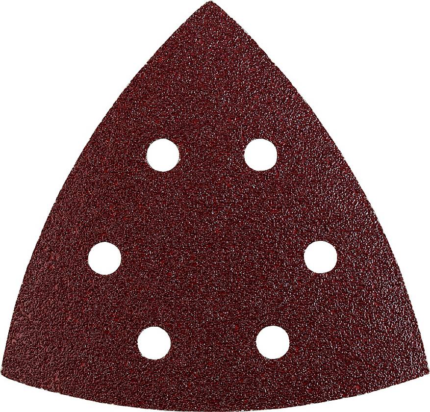 A terracotta-coloured triangular sandpaper with six round holes, suitable for delta sanders.