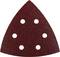 A terracotta-coloured triangular sandpaper with six round holes, suitable for delta sanders.