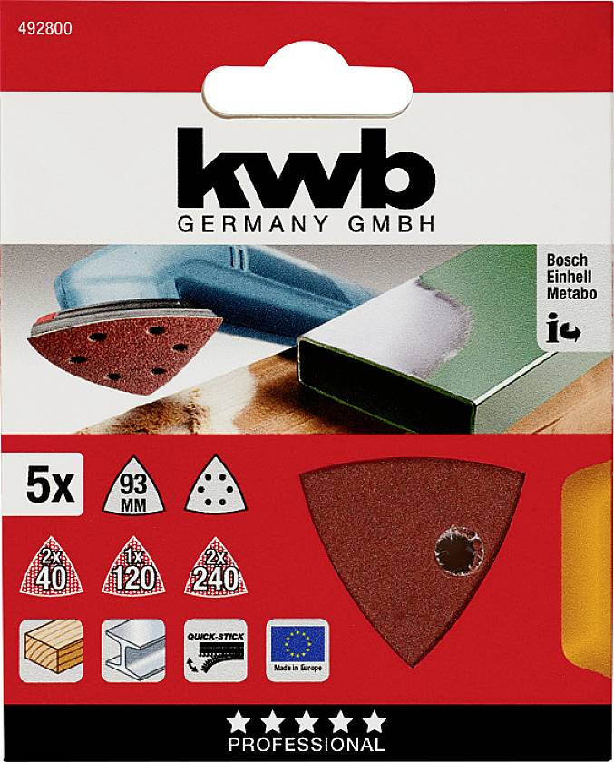 Packaging of KWB sanding sheets, suitable for Bosch, Einhell, Metabo. Contains 5 triangular sanding sheets, 93 mm.