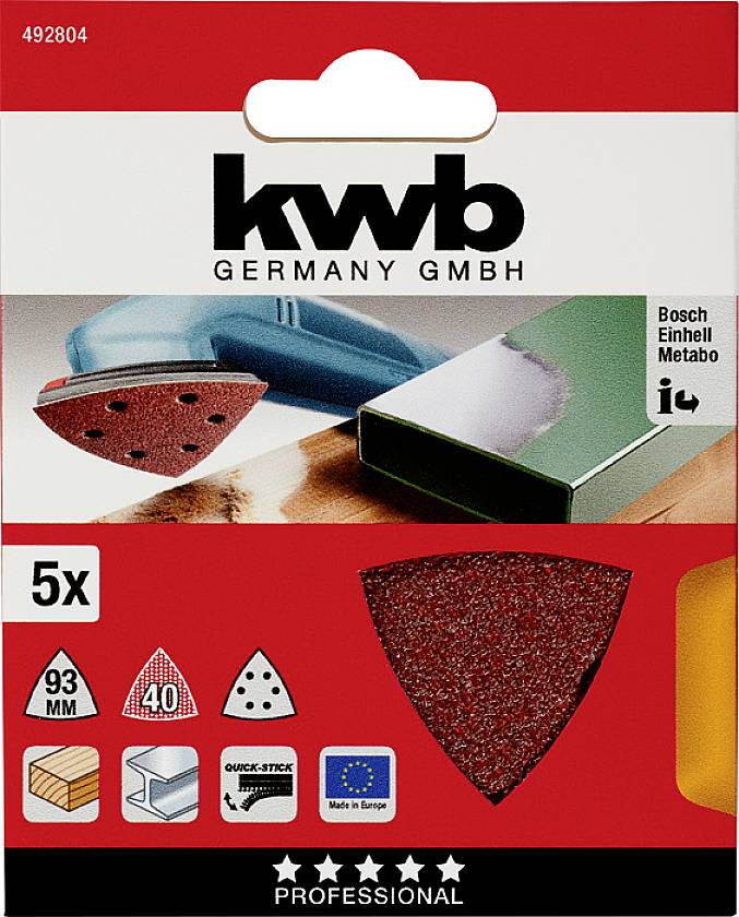 Sanding Sheet Packaging: Brand 'kwb', suitable for Bosch, Einhell, Metabo. Contains 5 triangular sanding sheets, grit 40.