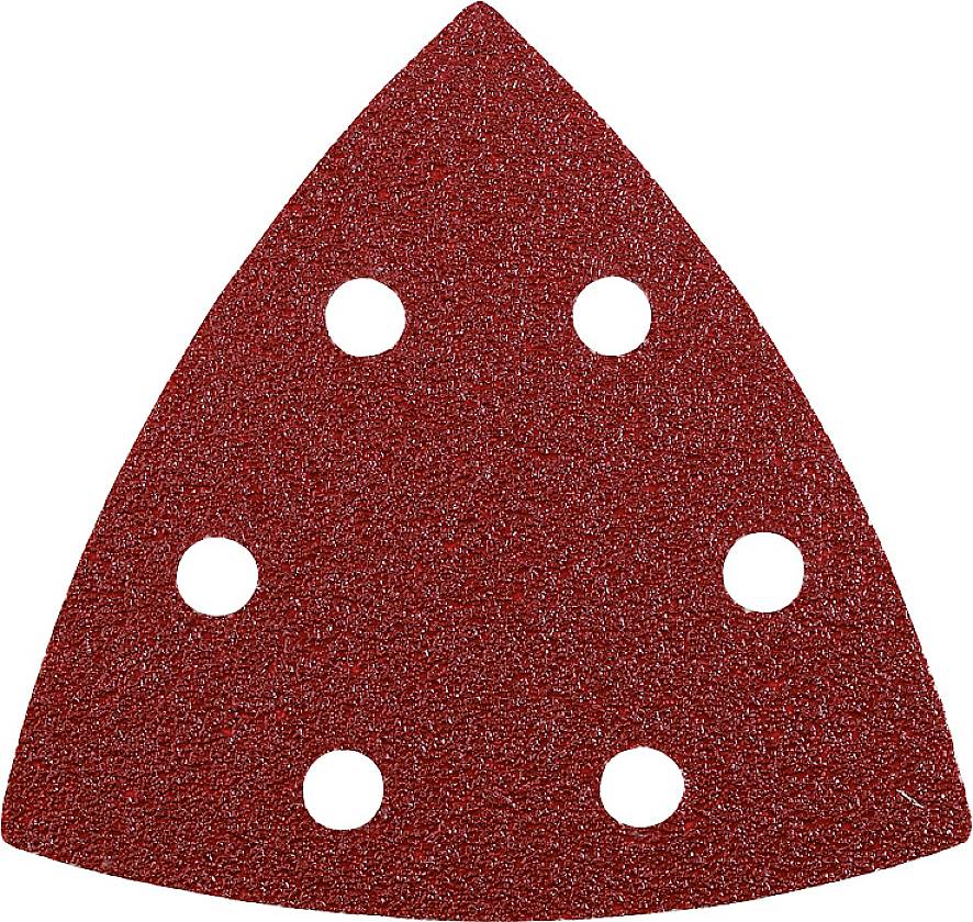 Triangular red sandpaper with six holes, suitable for multi-sanding devices. Ideal for woodworking or metalworking.