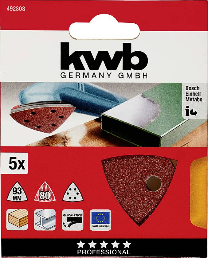 'kwb Germany GmbH' Delta Sander Sandpaper Set, 5 Pieces, 80 Grit, Suitable for Wood, Metal; Compatible with Bosch, Einhell, Metabo.
