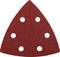 Triangular, red sandpaper with six round holes for electric sanders.