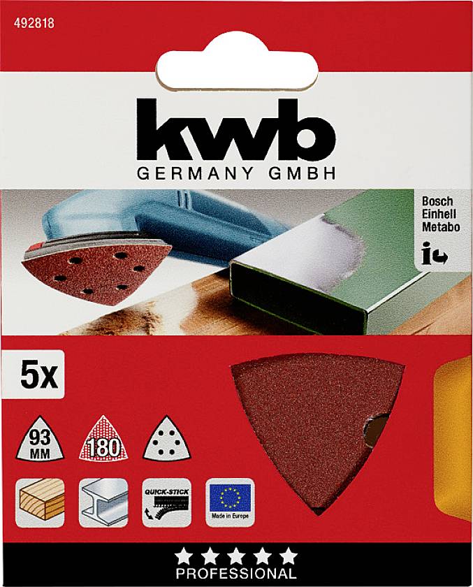 'Packaging of sanding sheets, KWB Deutschland GmbH, contains 5 triangular sheets, 93 mm, Grit 180, for Bosch, Einhell, Metabo.'
