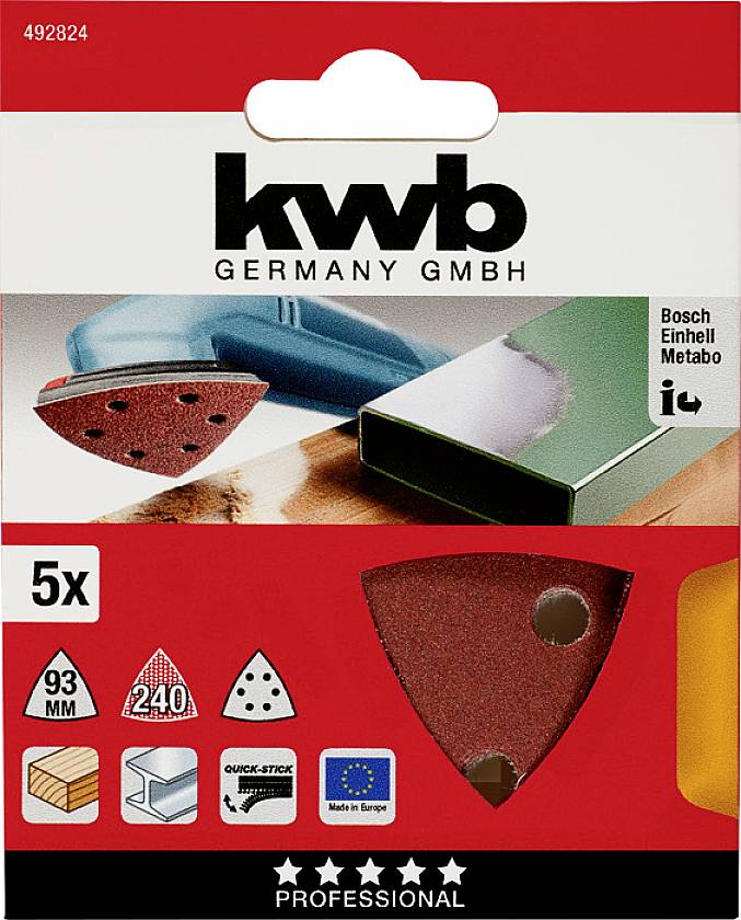 'Sandpaper for Multi-Sanders, 93 mm, 240 grit, 5 pieces, suitable for Bosch, Einhell, Metabo, manufactured in Europe.'