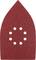 Red triangular sandpaper with seven holes arranged in a circular pattern, for use with an orbital sander.