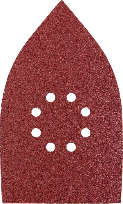 A red triangular sandpaper with a pointed top and eight holes in the centre, used for sanding work.