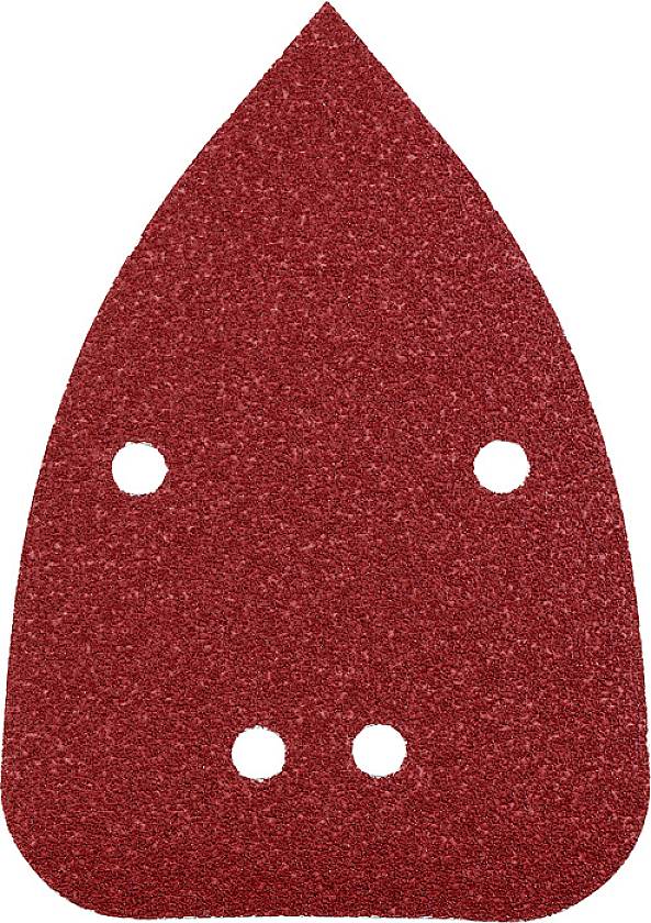 Image of a red sandpaper sheet in a rectangular form with four symmetrically arranged holes. The paper is likely used for a sanding device.