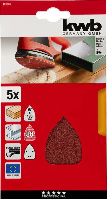 Packaging for a sanding paper set with five sheets, 80 grit, suitable for 97 x 135 mm sanding machines, manufactured in Europe.