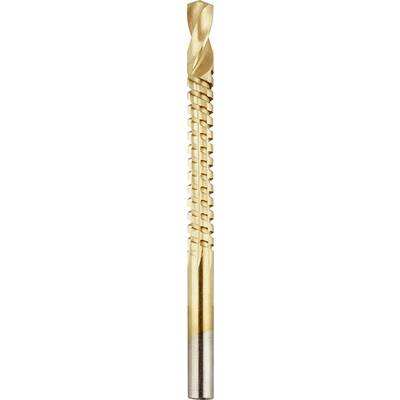 A gold-coloured tap with helical flutes, suitable for threading into materials such as metal.