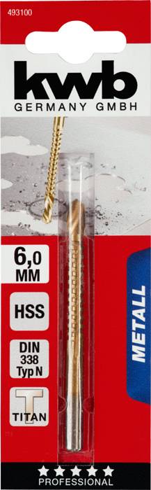 KWB HSS drill bit '6.0 mm', in red packaging for metalworking, titanium coating highlighted.