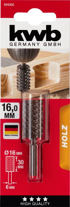 'Packaging contents from kwb Germany GmbH: Wood router bit, 16.0 mm diameter, 30 mm length. High-quality, manufactured in Germany.'
