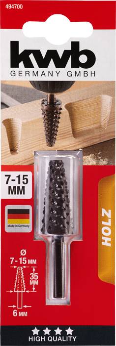 Packaging for a kwb wood cone drill bit, 7-15 mm, featuring an image of the product and the label 'Made in Germany'.