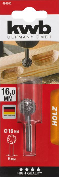 Packaging for Wood Router Bit by kwb Germany GmbH. Demonstrates use on wood. Dimensions: 16 mm x 6 mm. 'Made in Germany'. High Quality.