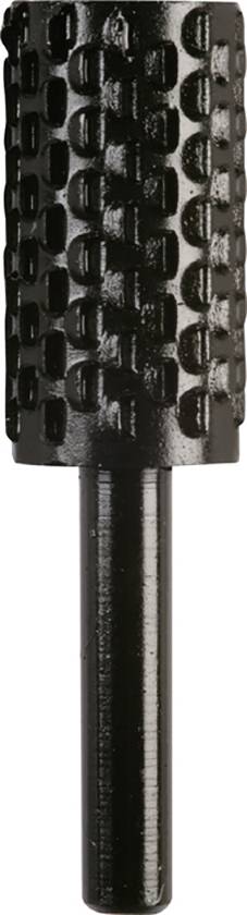 A black milling cutter with a cylindrical head and ribbed surface for machining materials such as metal or wood.