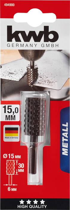 'KWB Germany GmbH' Milling pin packaging for metalworking, 15 mm diameter. Shows the tool and its application range.