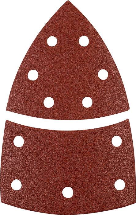 Sandpaper sheet for a triangular sander, red, with rounded tip, eight holes for dust extraction.