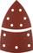Sandpaper sheet for a triangular sander, red, with rounded tip, eight holes for dust extraction.