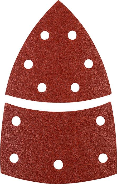 Red abrasive paper for power tools, consisting of two parts with holes.