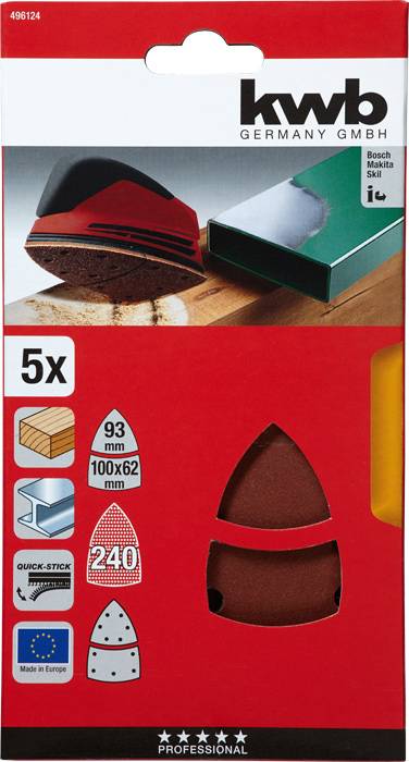 'kwb' Sandpaper Set, 5 pieces, suitable for multi-sander. Packaging displays sandpaper shape and application on wooden floor.