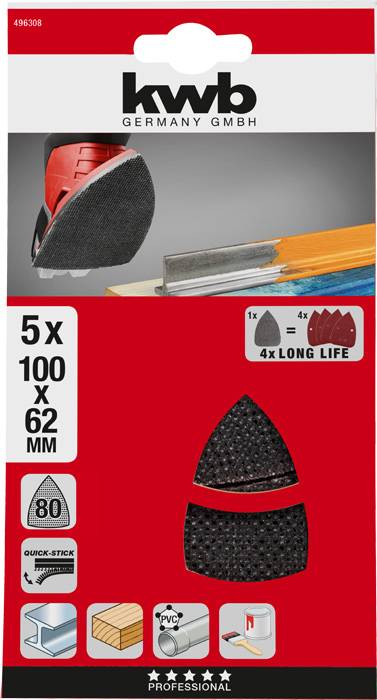 'kwb Germany GmbH' Sanding Sheet Set, 5 pieces, 100 x 62 mm, suitable for wood, PVC and metal, with illustration of abrasive material.